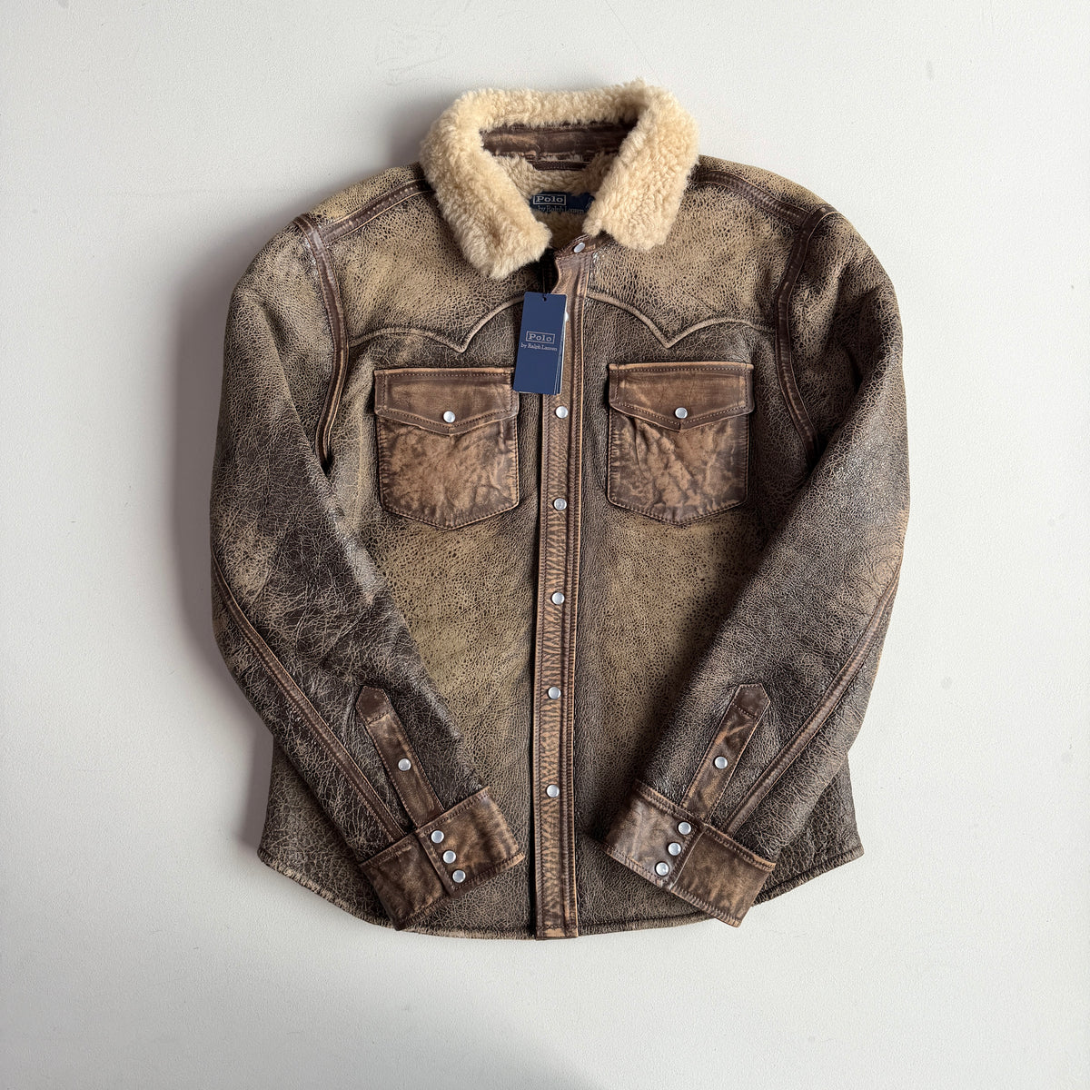 NWT Polo Ralph Lauren (S) Leather Shearling Western Pearl Snap Jacket Shirt
