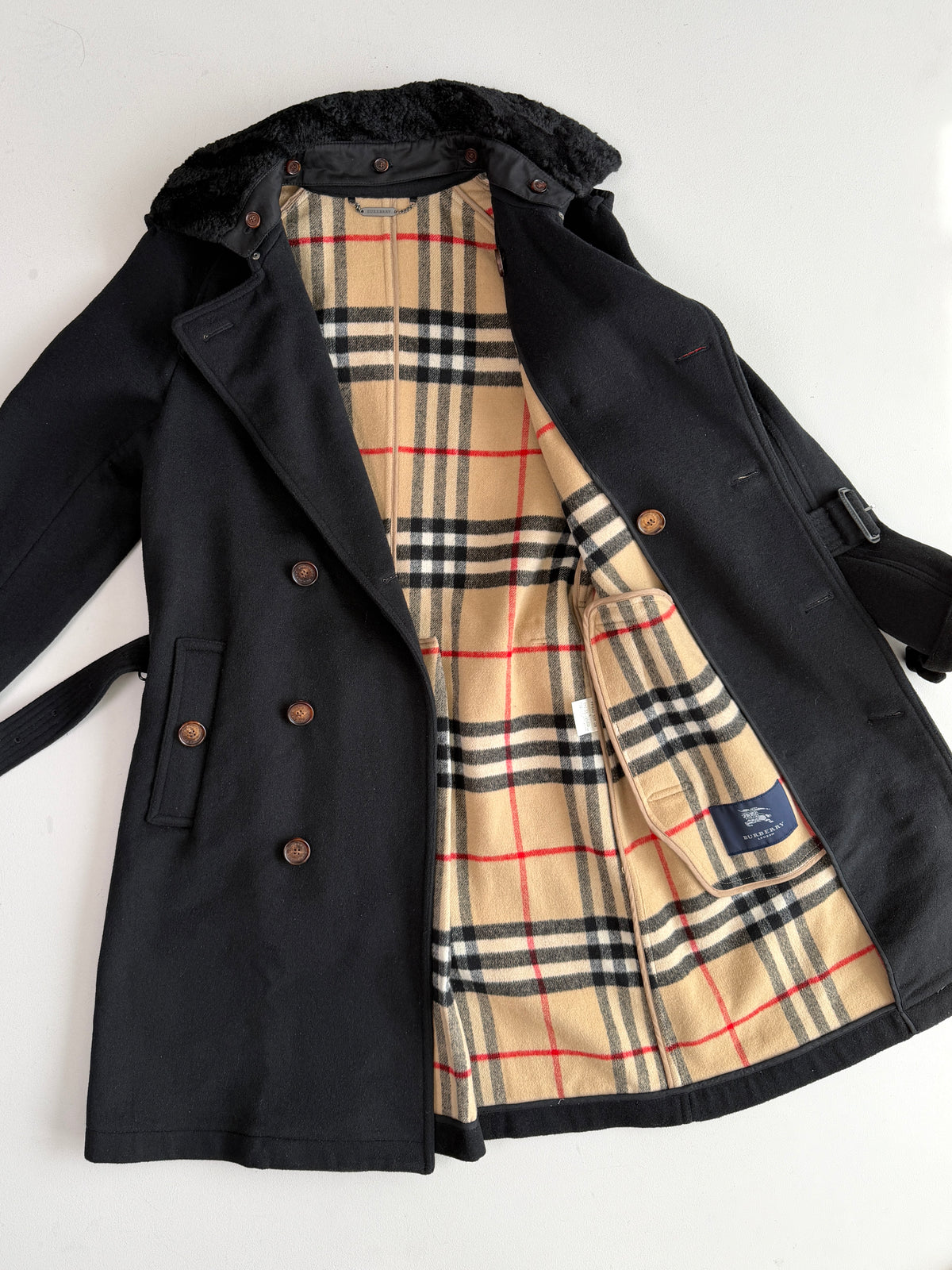 Burberry (50IT) 100% Wool Fleece Collar Double Breast Belted Trench Coat