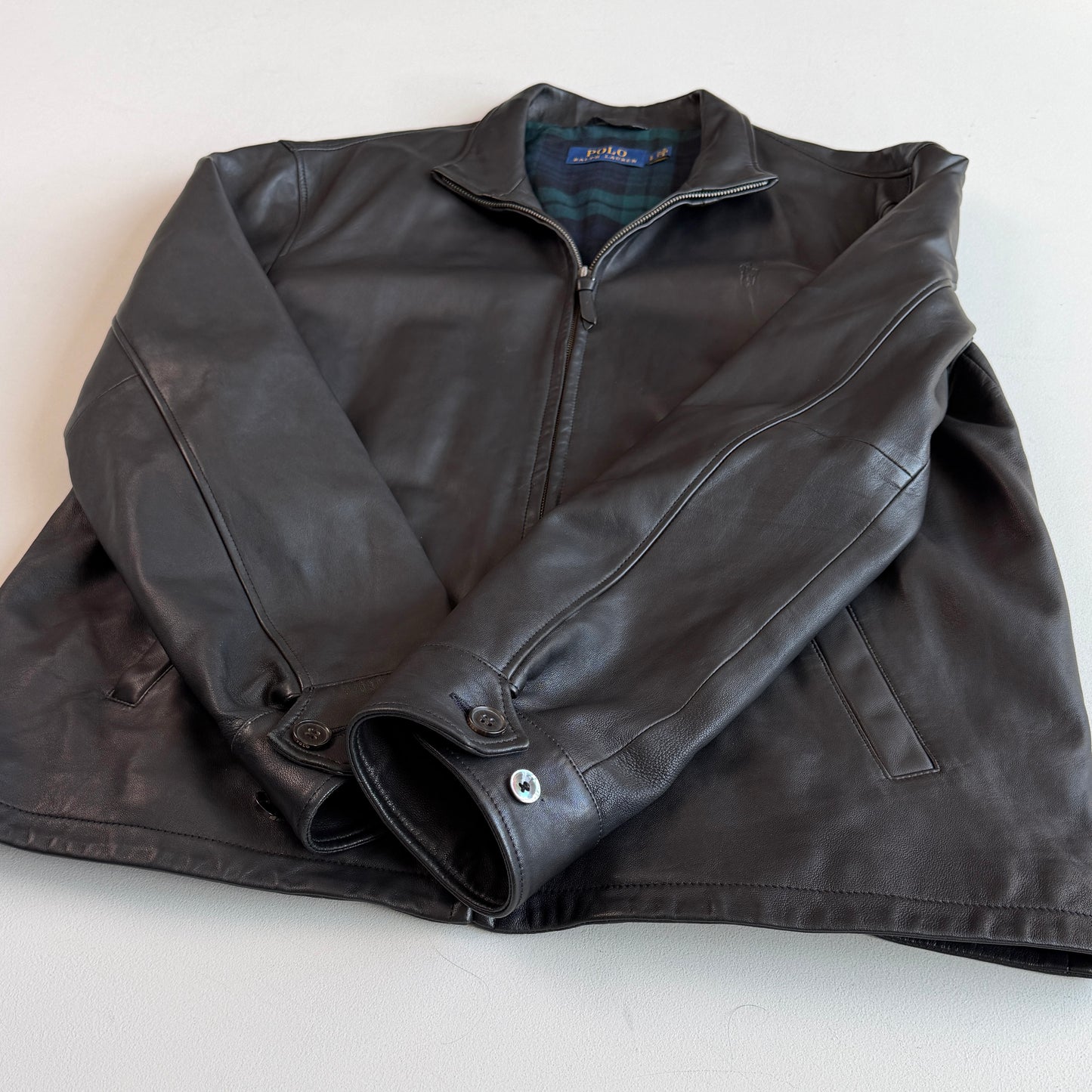 Polo Ralph Lauren (L) Black Glove Soft Leather Plaid Lined Jacket