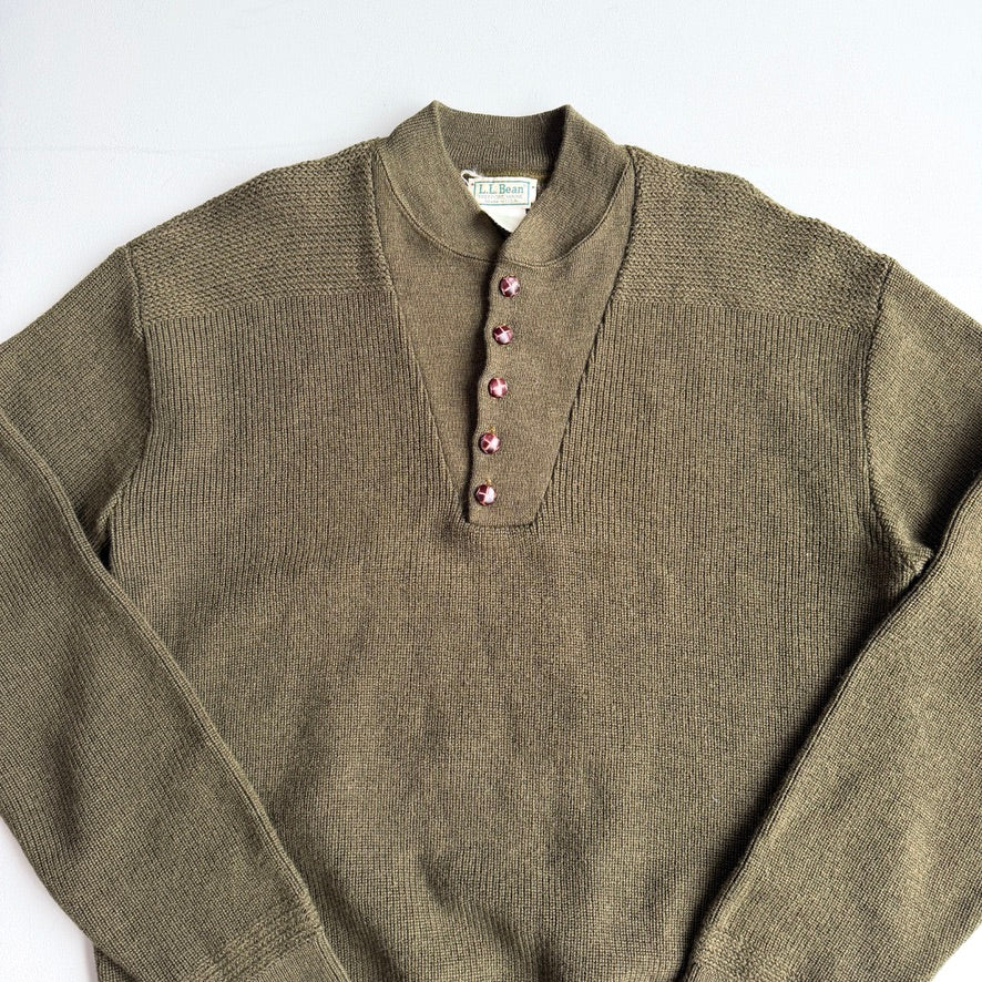 VNTG LL Bean (L) "Jeep" WWII Wool Olive Green Henley Sweater