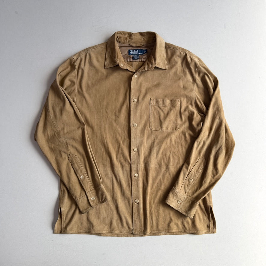 Polo Ralph Lauren (L) Suede Leather Tan Button Front Long Sleeve Shirt