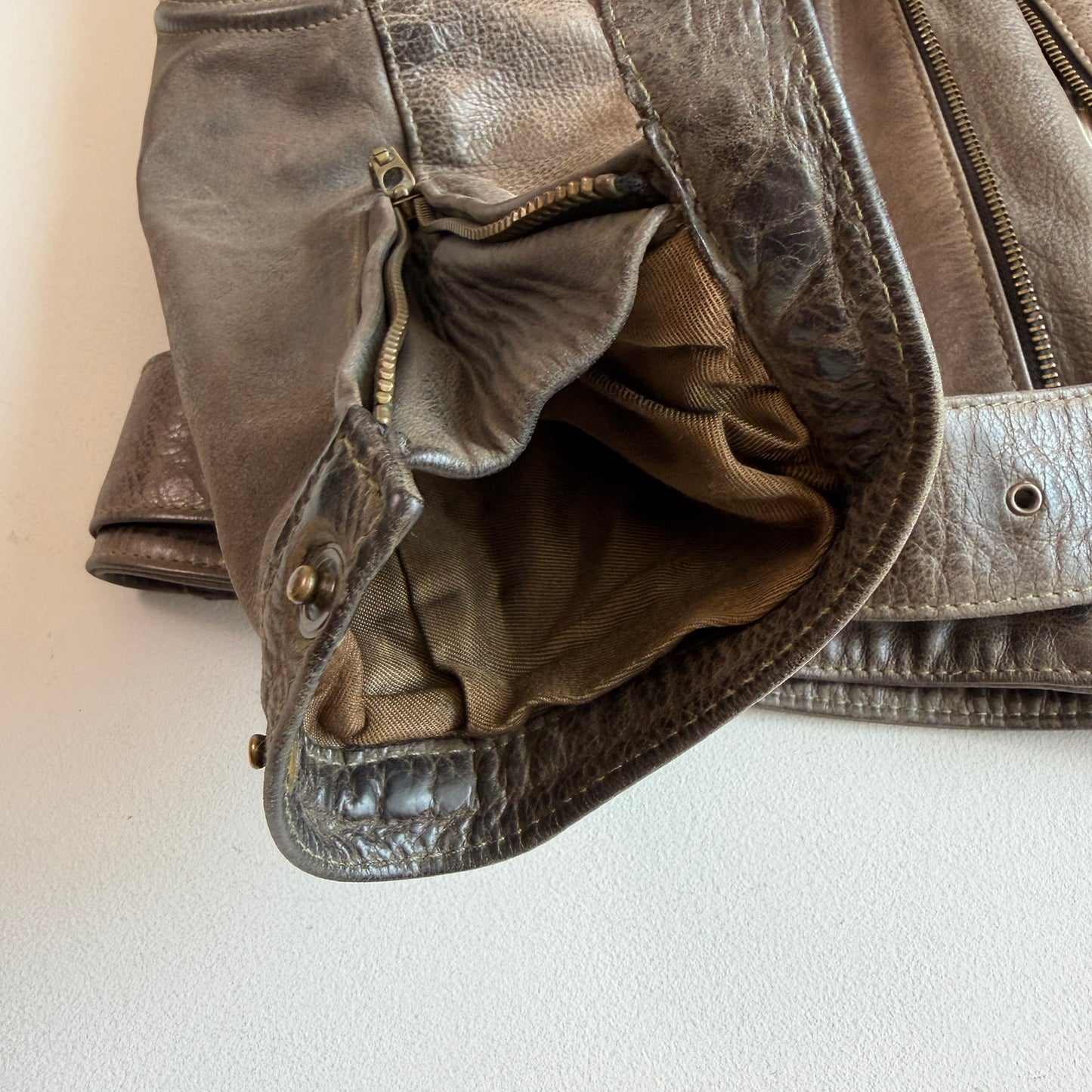 Belstaff Gold Label (L) Taupe Leather Belted Asymmetrical Zip Jacket