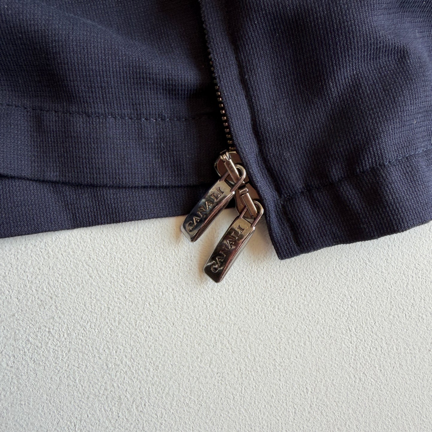 Canali (56 / 46L) 100% Silk Navy Blue Full Zip Tailored Harrington Jacket