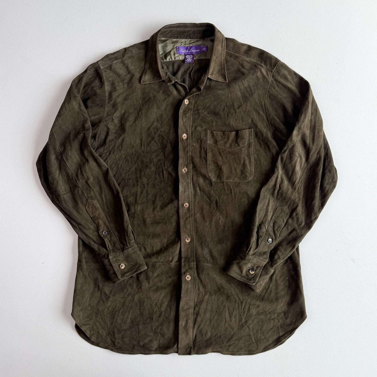 Ralph Lauren Purple Label (L) Olive Green/Brown Goat Suede Leather Shirt