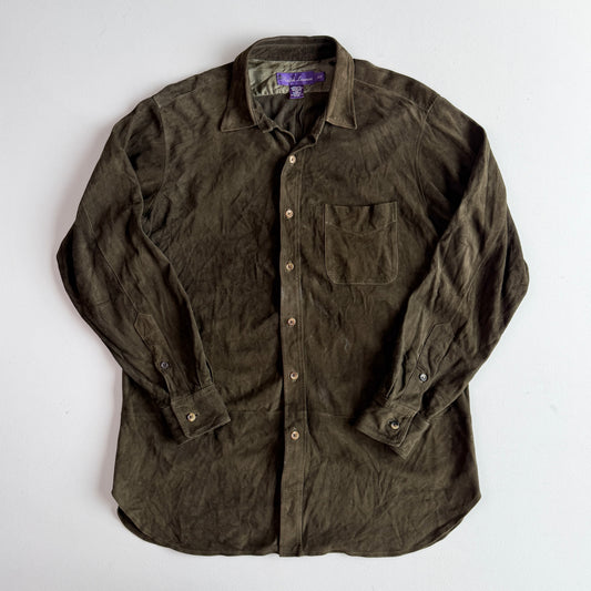 Ralph Lauren Purple Label (L) Olive Green/Brown Goat Suede Leather Shirt