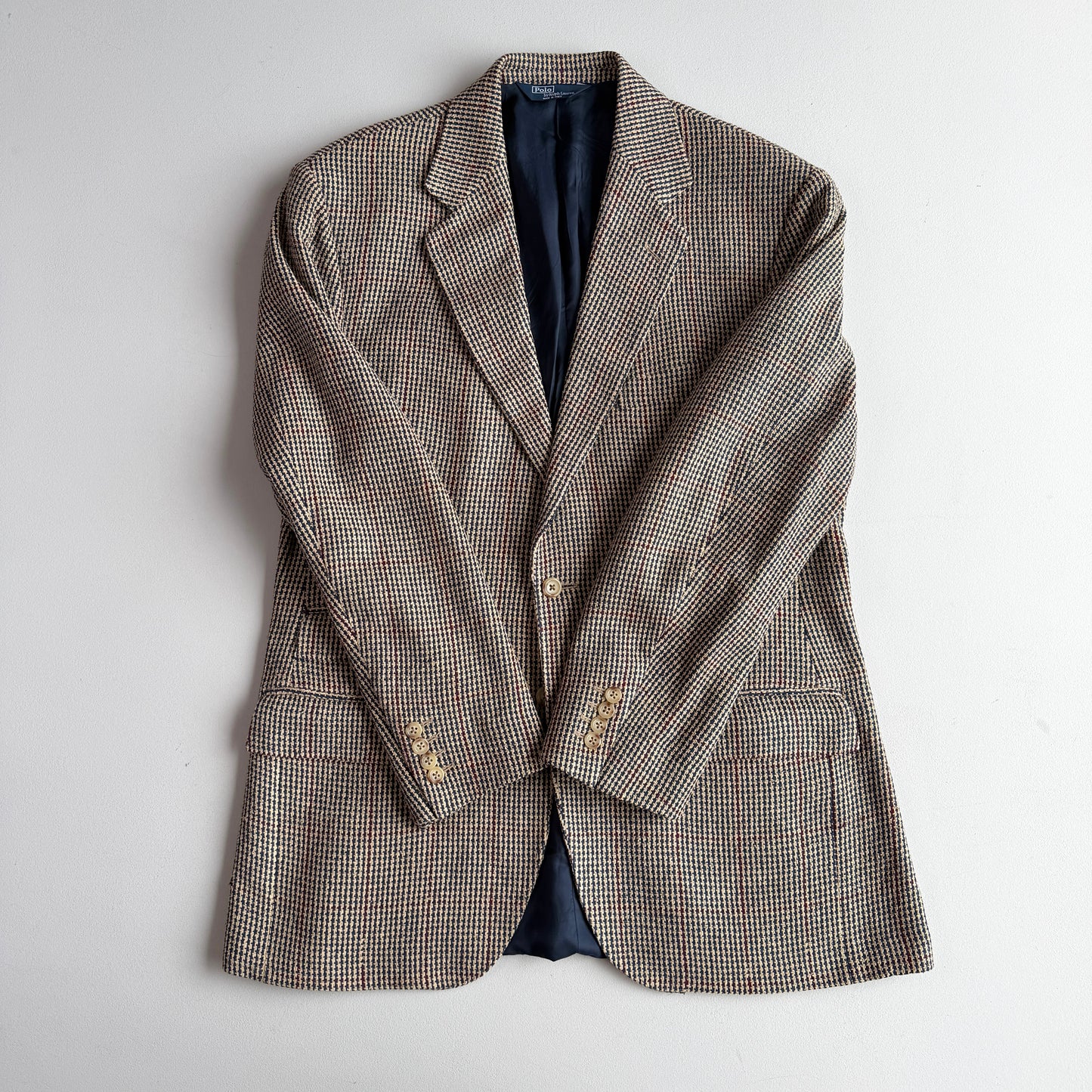 VNTG Polo Ralph Lauren (42R) 100% Silk Blue & Beige w/ Red Overcheck Sport Coat