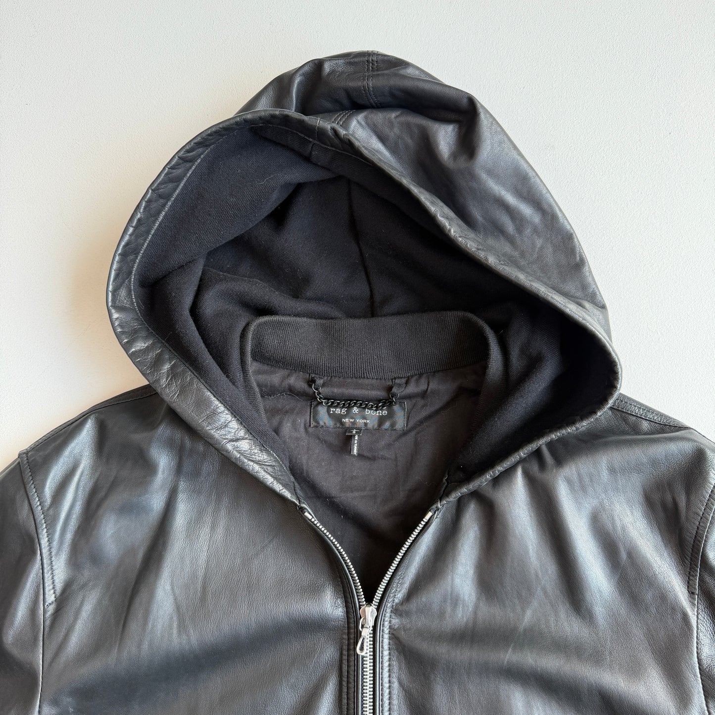 rag & bone (L) Glove Soft Lamb Leather Hooded Black Jacket