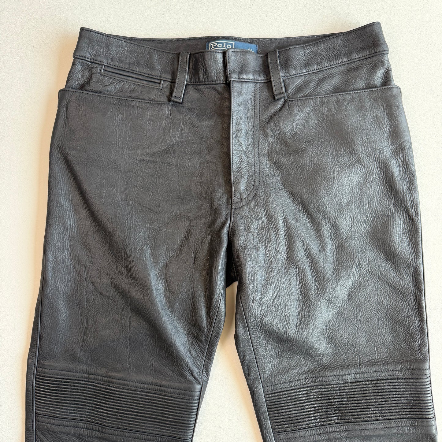 Polo Ralph Lauren (30/31 x 32/33) Leather Motorcycle Ribbed Thigh Black Pants