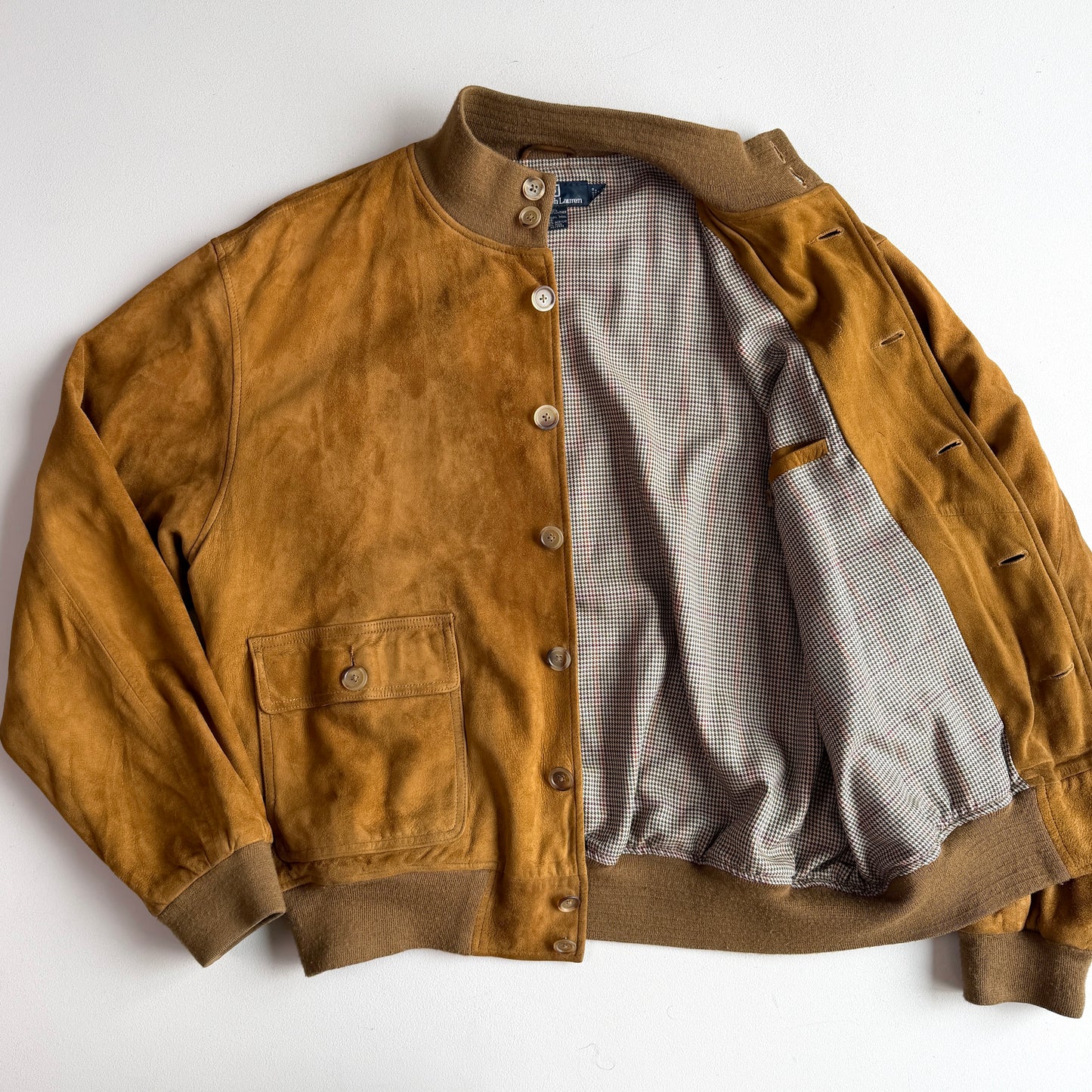 Polo Ralph Lauren (XL) Mustard Brown Suede Leather Button Bomber Jacket