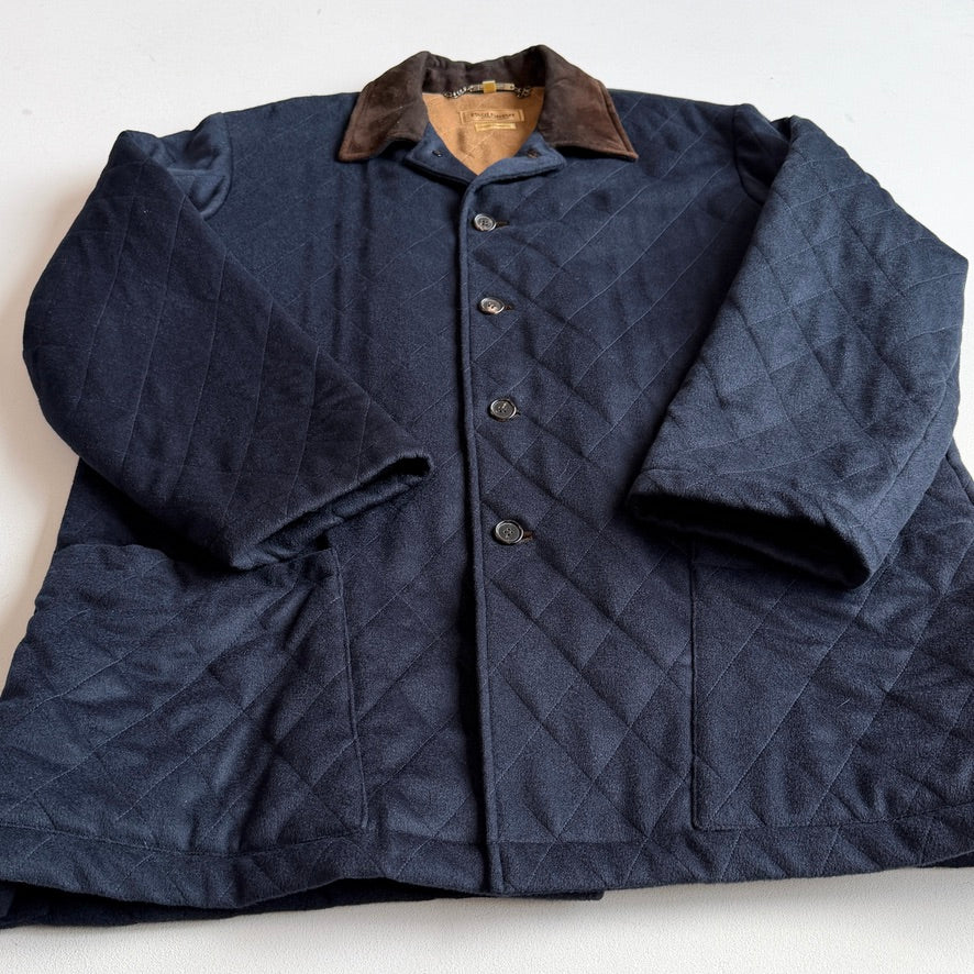 Paul Stuart (XL) 100% Cashmere Quilted Navy Blue Suede Trim Jacket Coat