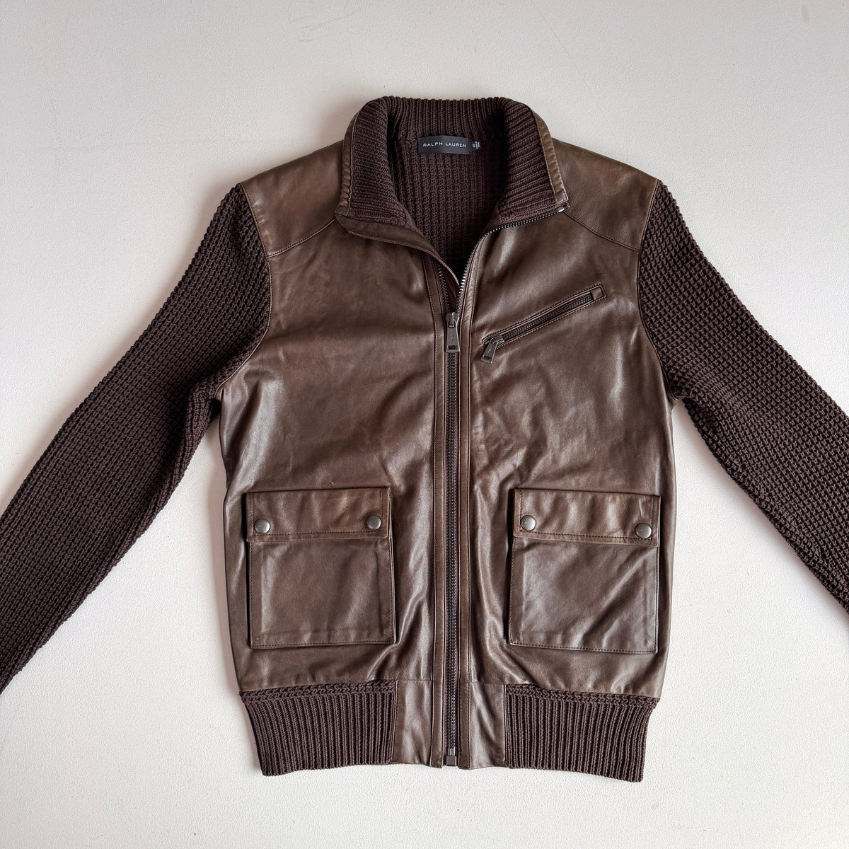 Ralph Lauren Black Label (S) Leather Front Cotton Knit Brown Cardigan Sweater