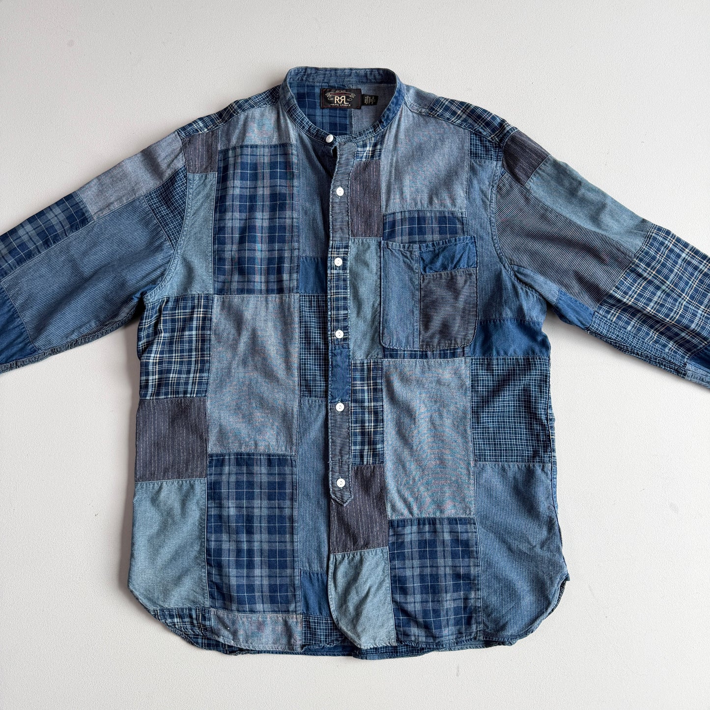 RRL Ralph Lauren (L) Indigo Patchwork Band Collar Button Front Shirt