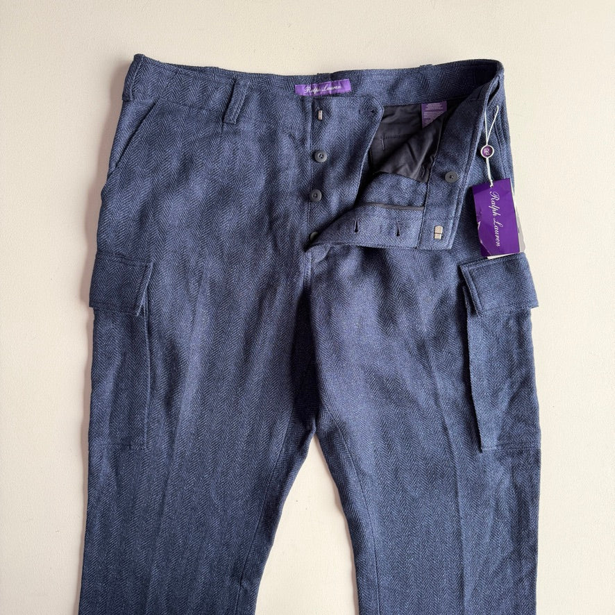 NWT Ralph Lauren Purple Label (36x32) Linen/Wool/Silk Herringbone Cargo Pants