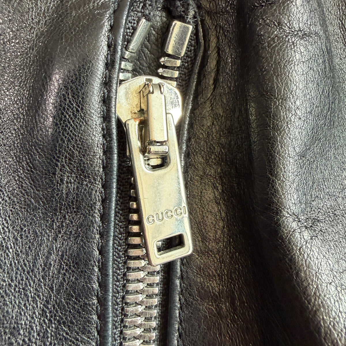 Gucci (58IT /2XL) Black Leather Bomber Style Green/Red Accent Jacket