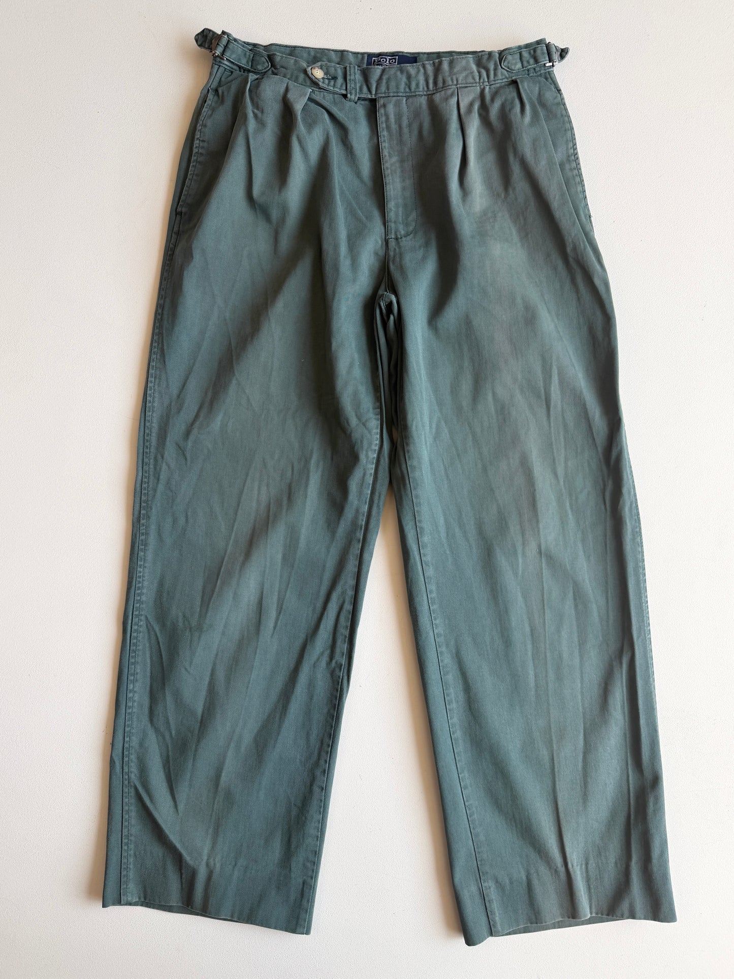 VNTG Polo Ralph Lauren (33x30) Dusty Turquoise Pleated Side Tab Cotton Chinos