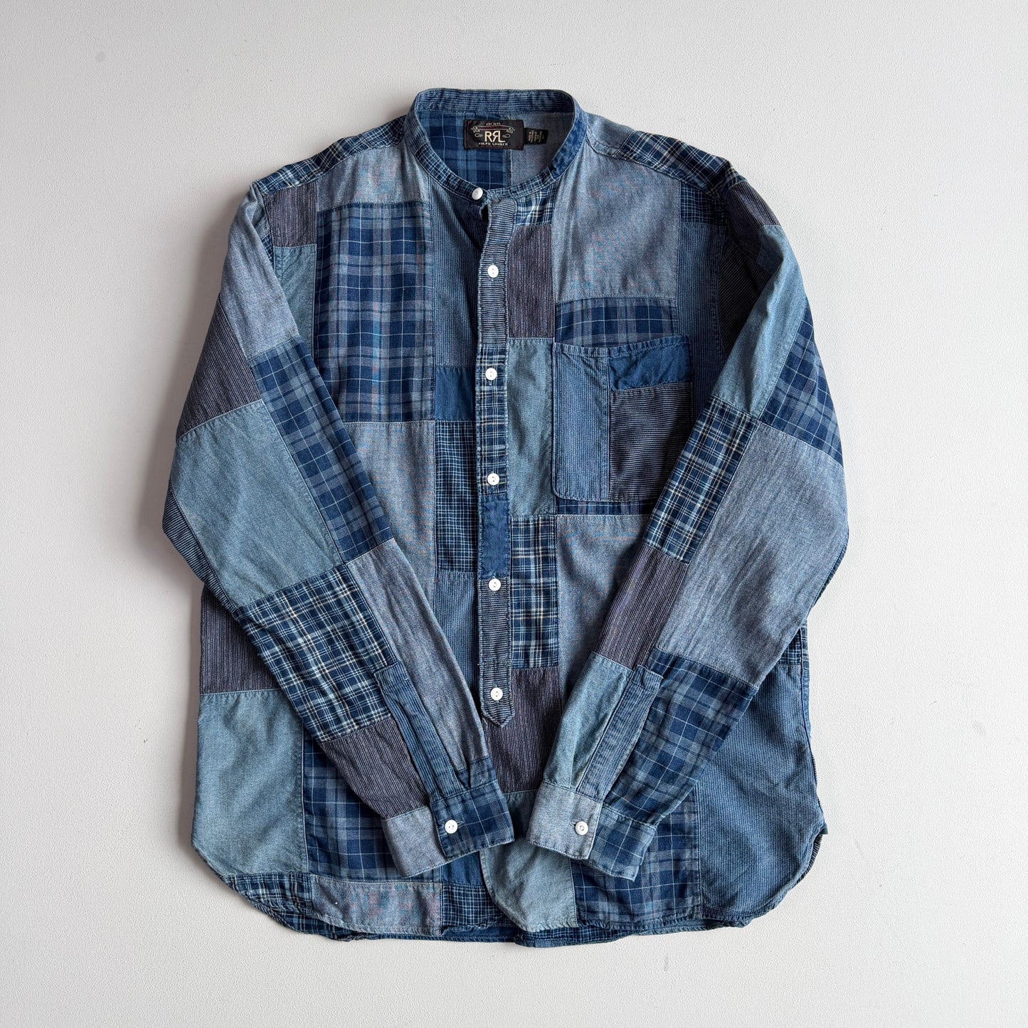 RRL Ralph Lauren (L) Indigo Patchwork Band Collar Button Front Shirt