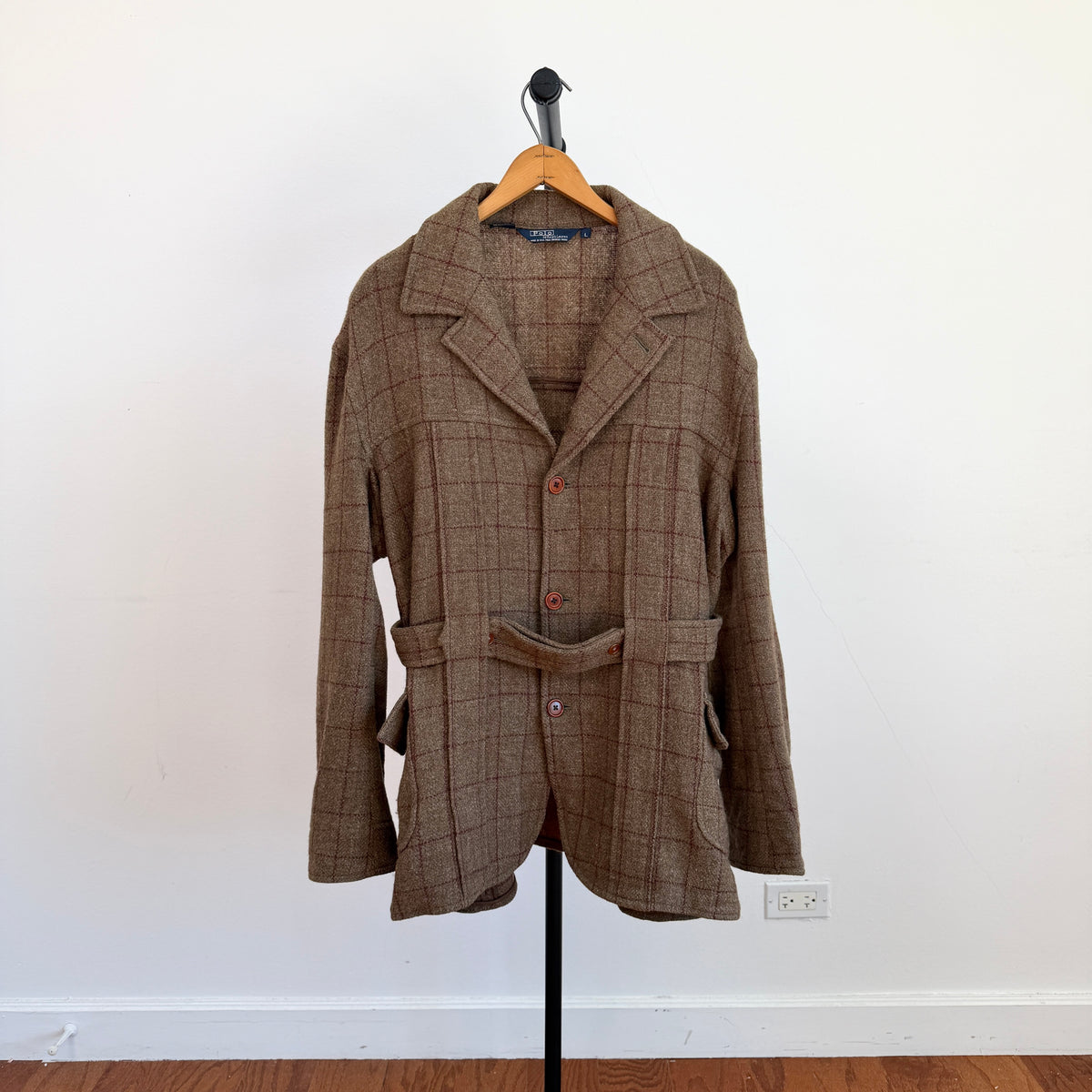 VNTG Polo Ralph Lauren (L) Wool Tweed Olive Windowpane Norfolk Coat Jacket