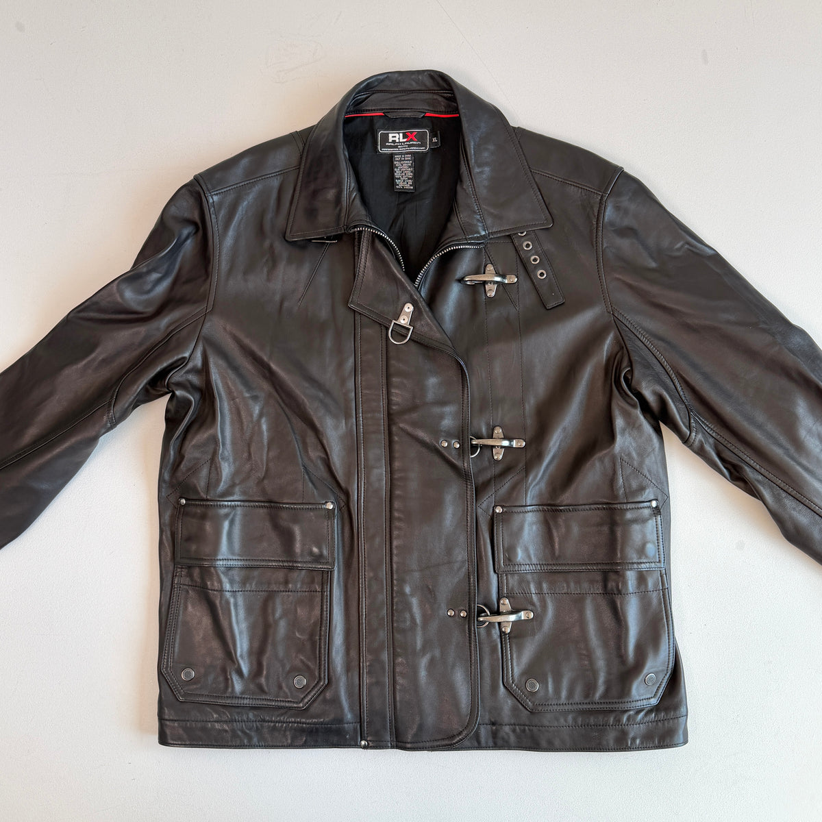 Ralph Lauren RLX (XL) Glove-Soft Leather Fireman Clasp Black Jacket