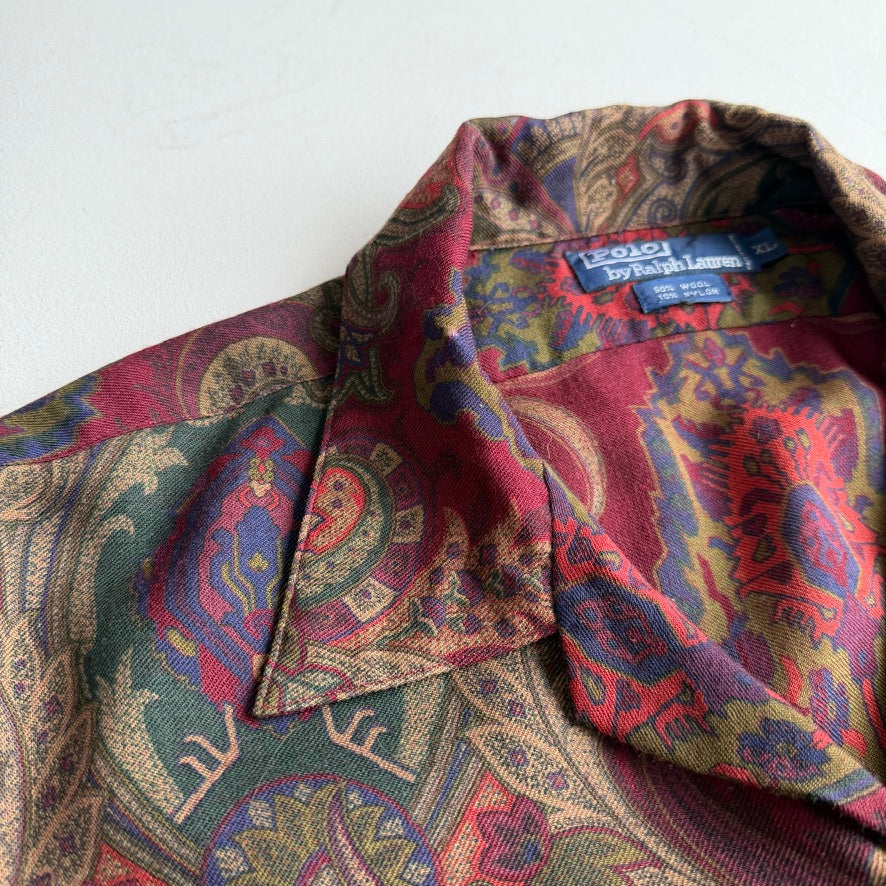 VNTG Polo Ralph Lauren (XL) Wool Paisley Maroon Camp Collar Shirt