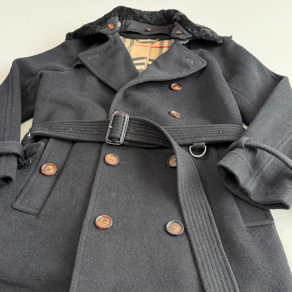 Burberry (50IT) 100% Wool Fleece Collar Double Breast Belted Trench Coat
