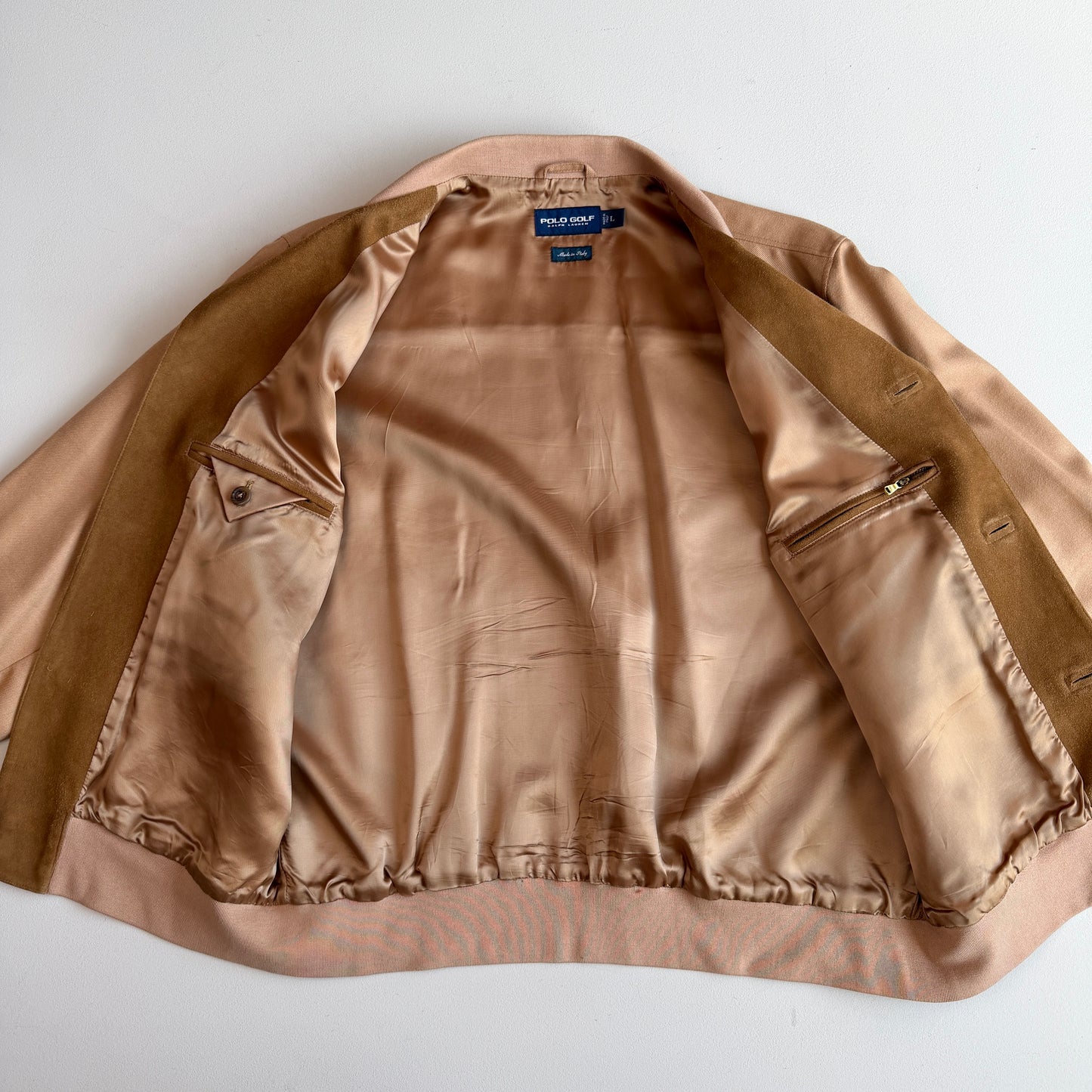 MINT! Ralph Lauren Polo Golf (L) Apricot Baby Alpaca Suede Trim Jacket