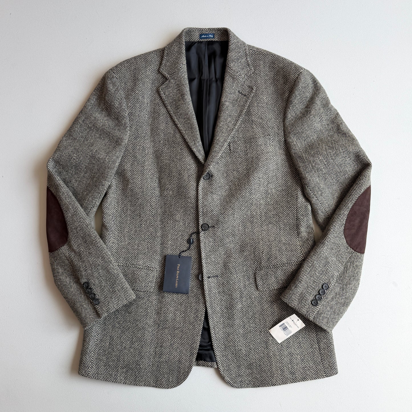 NWT Polo Ralph Lauren (L) Tweed Herringbone Wool Suede Patch Sport Coat