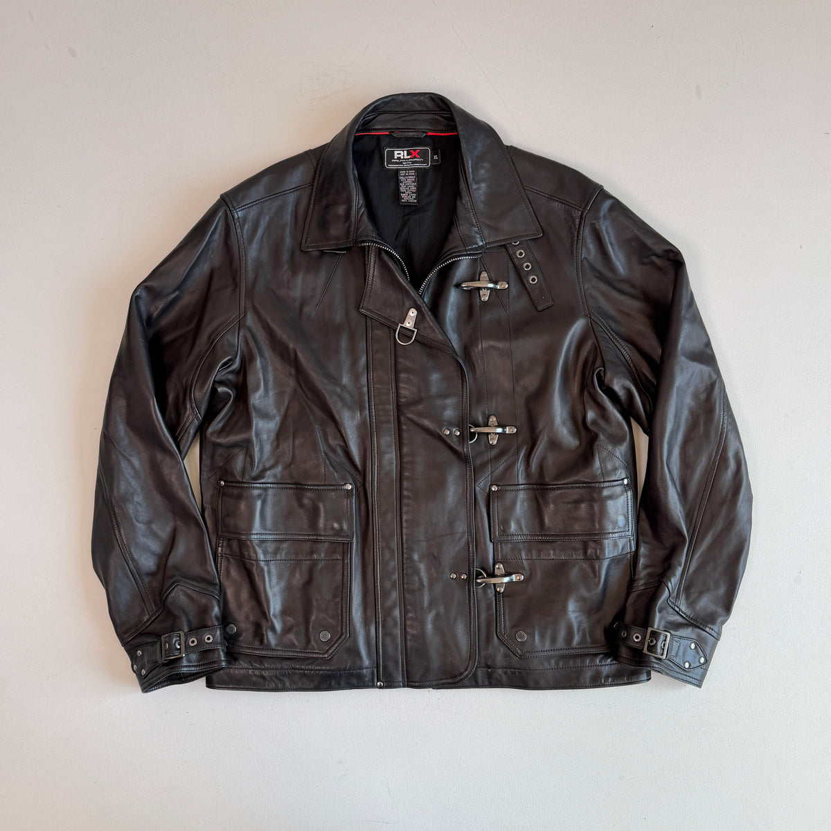 Ralph Lauren RLX (XL) Glove-Soft Leather Fireman Clasp Black Jacket