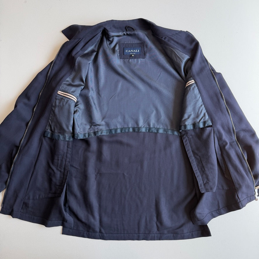 Canali (56 / 46L) 100% Silk Navy Blue Full Zip Tailored Harrington Jacket
