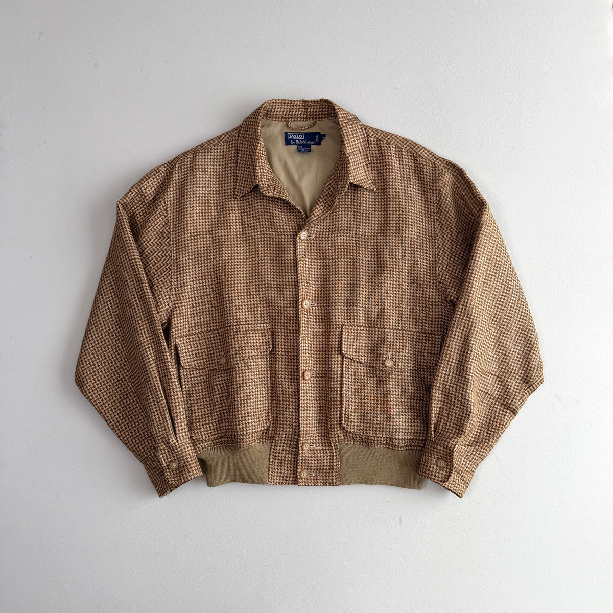 VNTG Polo Ralph Lauren (L) 100% Linen Houndstooth Button Bomber-Style Jacket