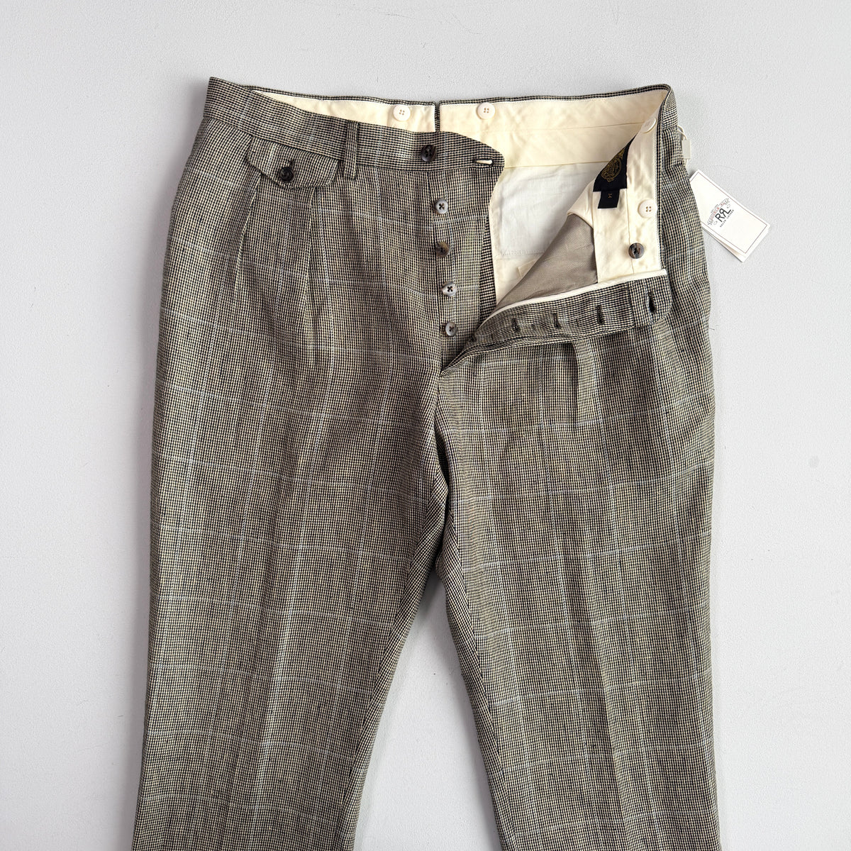 NWT RRL Ralph Lauren (34) 100% Linen Pleated Brown/Gray Blue-Overcheck Trouser Pants