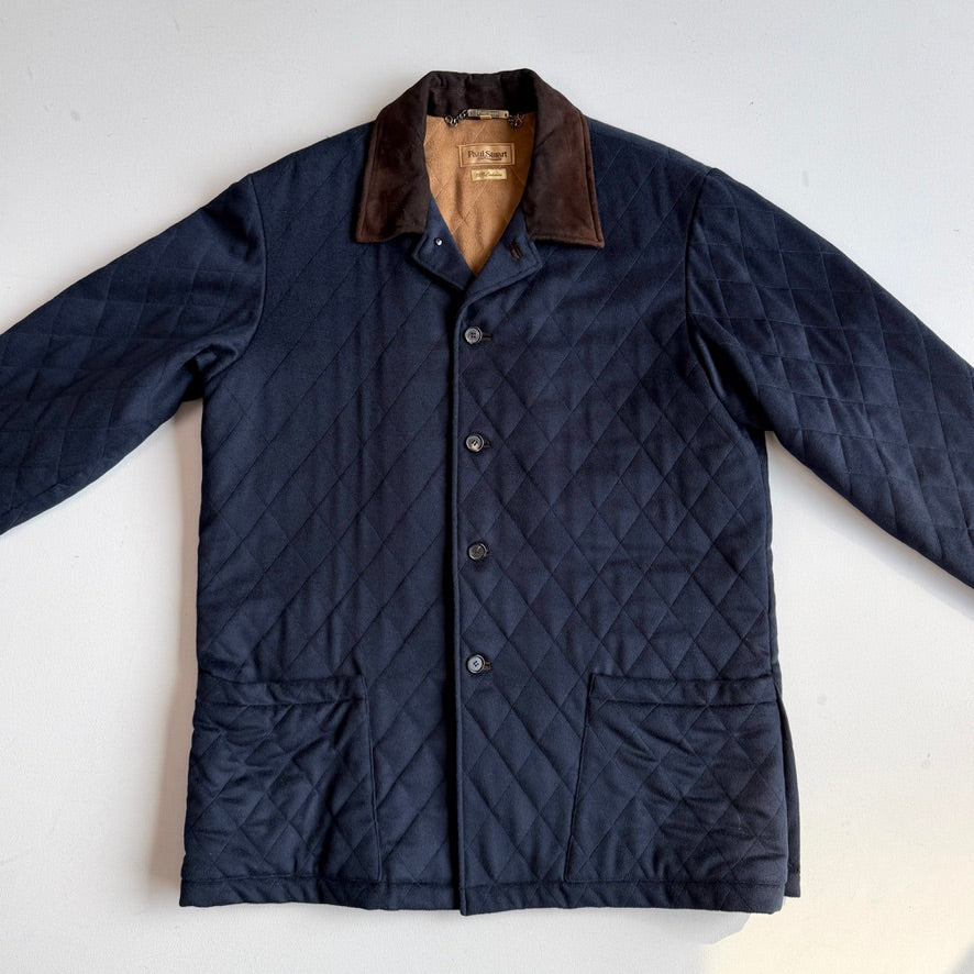 Paul Stuart (XL) 100% Cashmere Quilted Navy Blue Suede Trim Jacket Coat