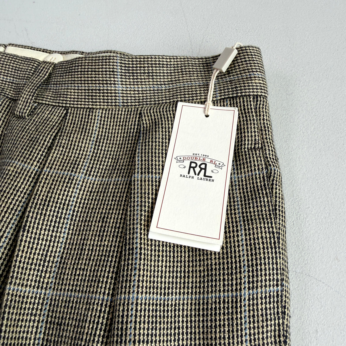 NWT RRL Ralph Lauren (34) 100% Linen Pleated Brown/Gray Blue-Overcheck Trouser Pants