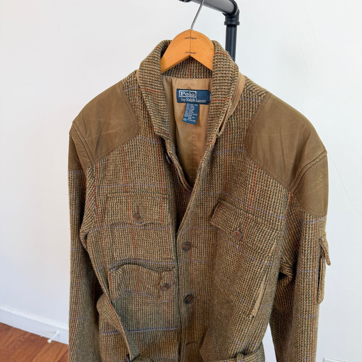 Polo Ralph Lauren (42L) Wool Tweed Olive Overcheck Field Belted Sport Jacket Coat