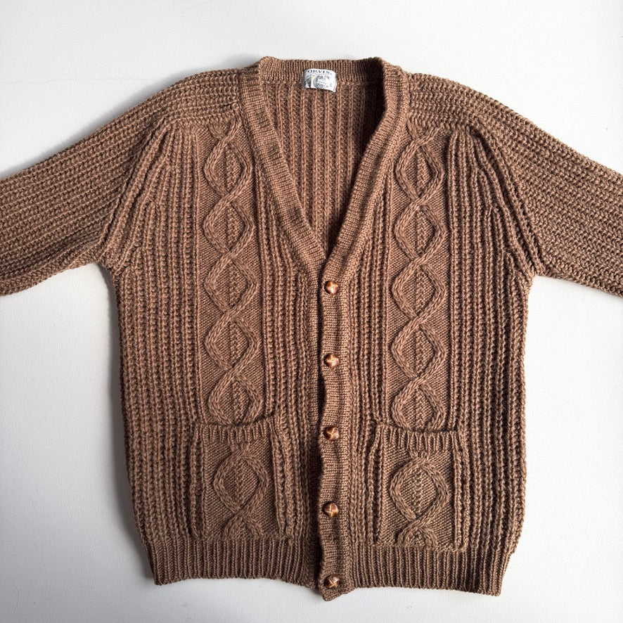 VNTG Orvis (L) Wool Diamond Cable Orinate Fisherman Cardigan Sweater