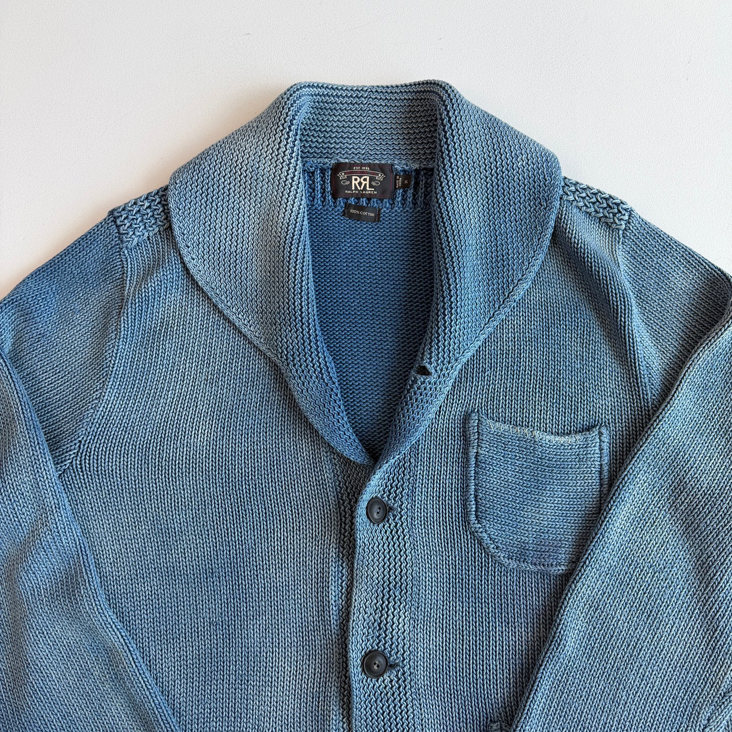 RRL Ralph Lauren (XL) Sun-Faded Indigo Cotton Knit Cardigan Sweater