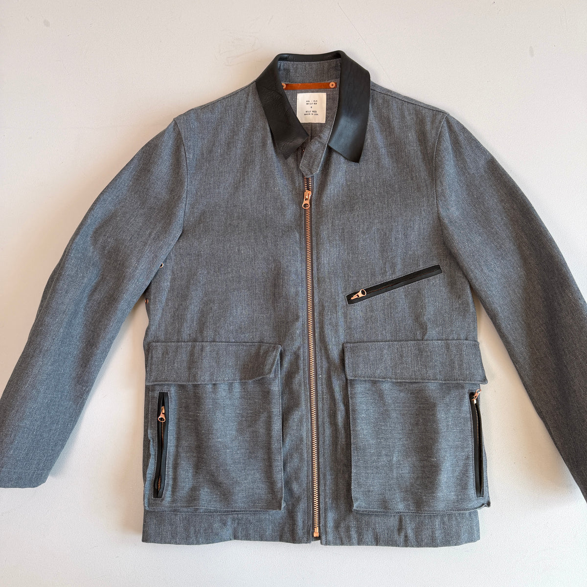 Billy Reid (M) Leather Collar Gray Denim Copper Hardware Field Jacket