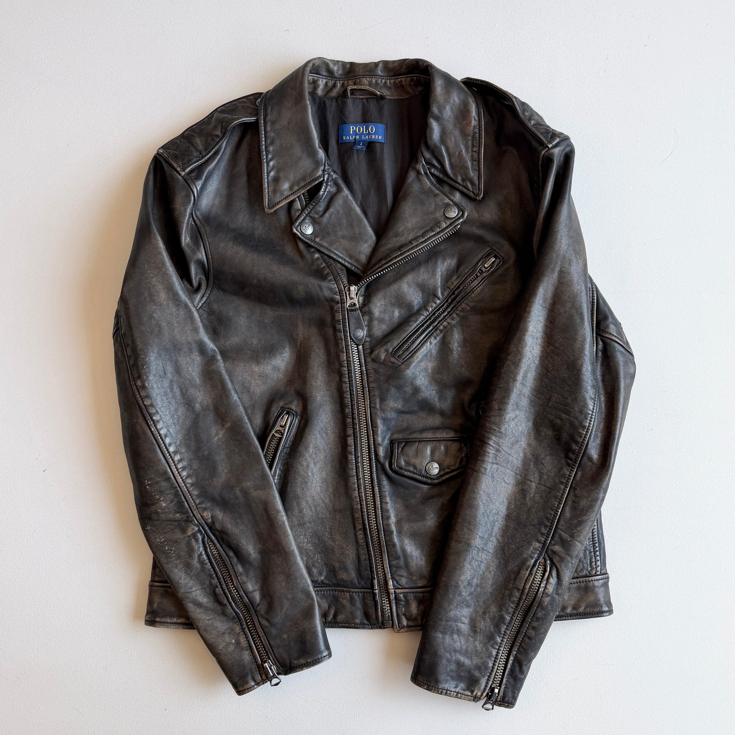 MINT! Polo Ralph Lauren (L) Bronze Leather Horizontal Zip Motorcycle Jacket