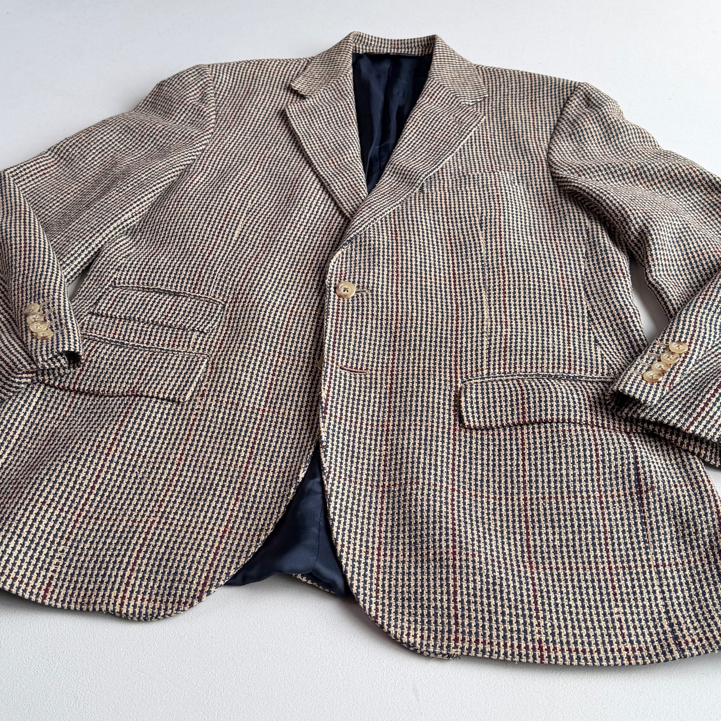 VNTG Polo Ralph Lauren (42R) 100% Silk Blue & Beige w/ Red Overcheck Sport Coat