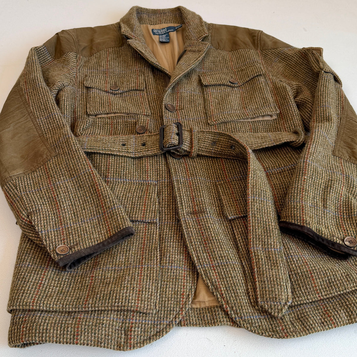 Polo Ralph Lauren (42L) Wool Tweed Olive Overcheck Field Belted Sport Jacket Coat