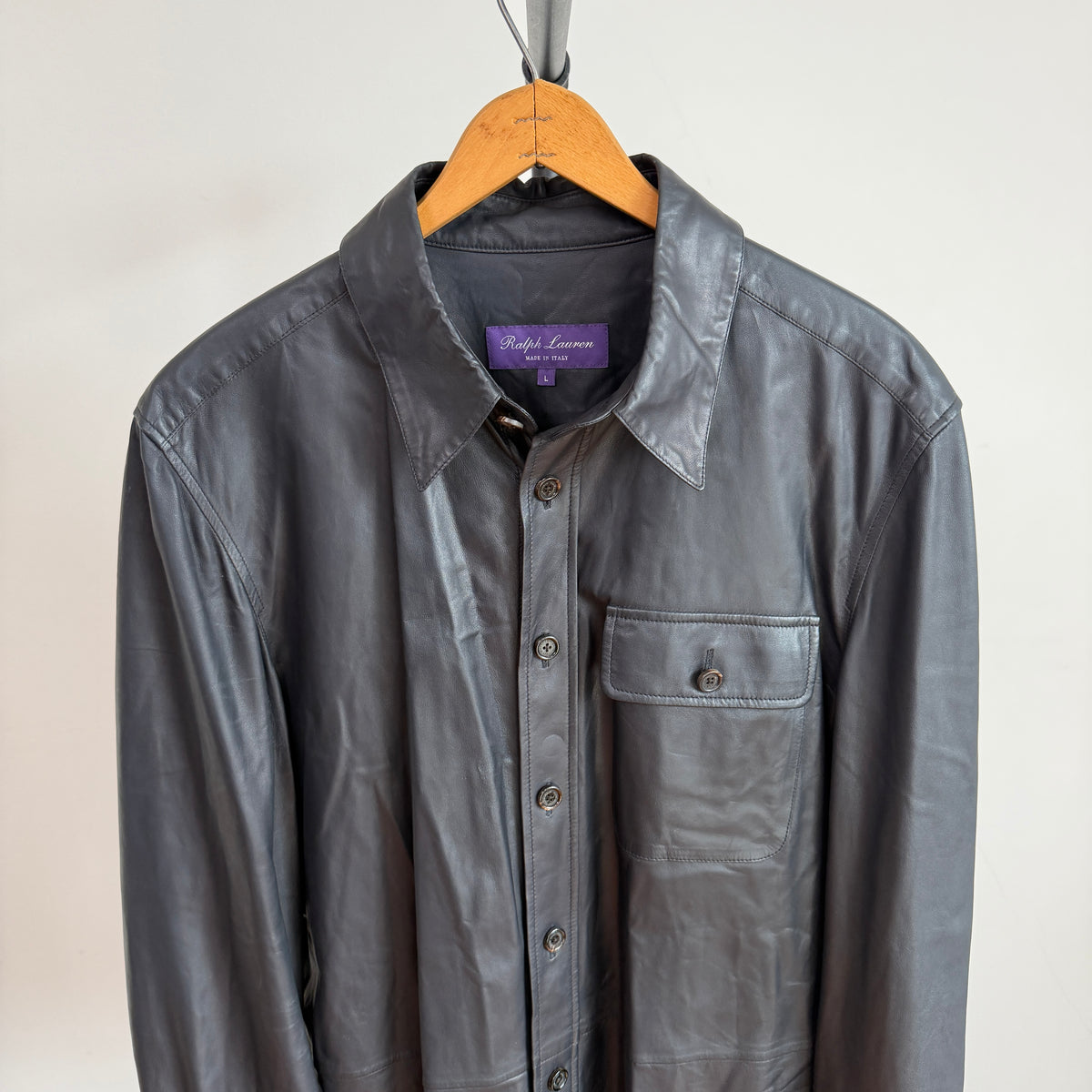 Ralph Lauren Purple Label (L) Skived Lamb Leather Midnight Blue Overshirt