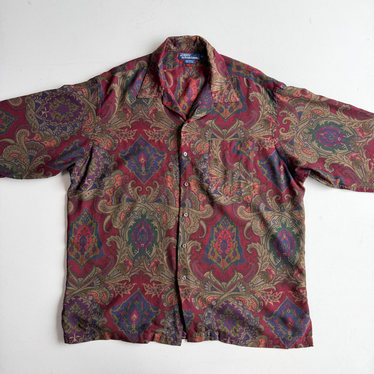 VNTG Polo Ralph Lauren (XL) Wool Paisley Maroon Camp Collar Shirt
