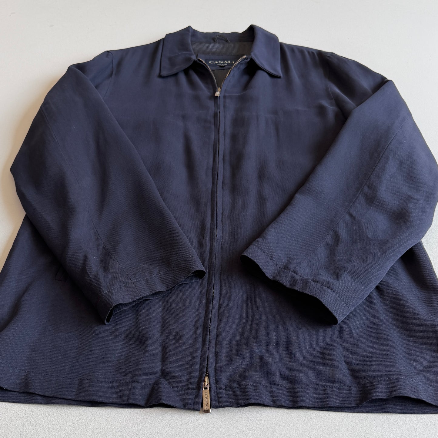 Canali (56 / 46L) 100% Silk Navy Blue Full Zip Tailored Harrington Jacket