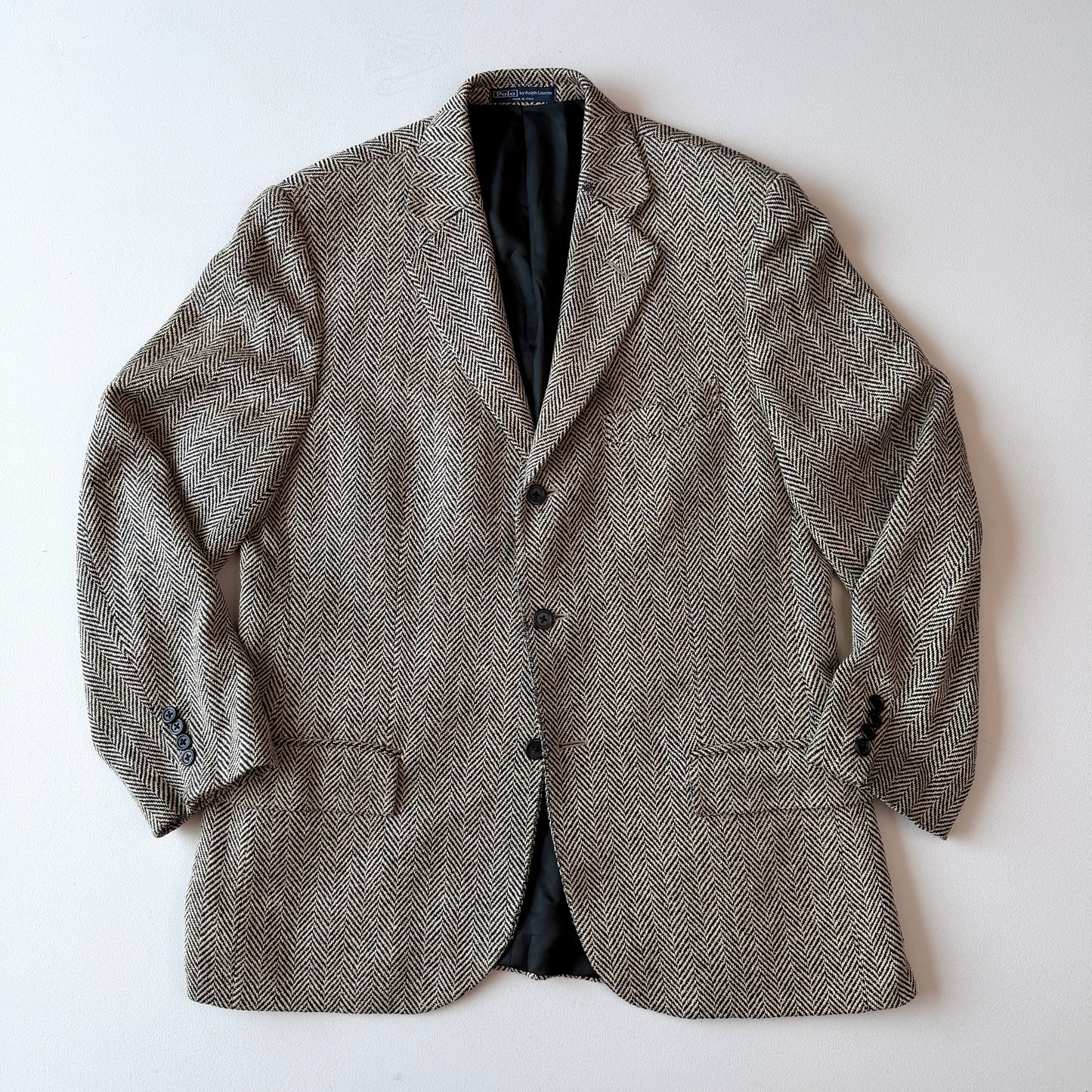 VNTG Polo Ralph Lauren (40R) 100% Silk Herringbone Beige/Black Sports Coat