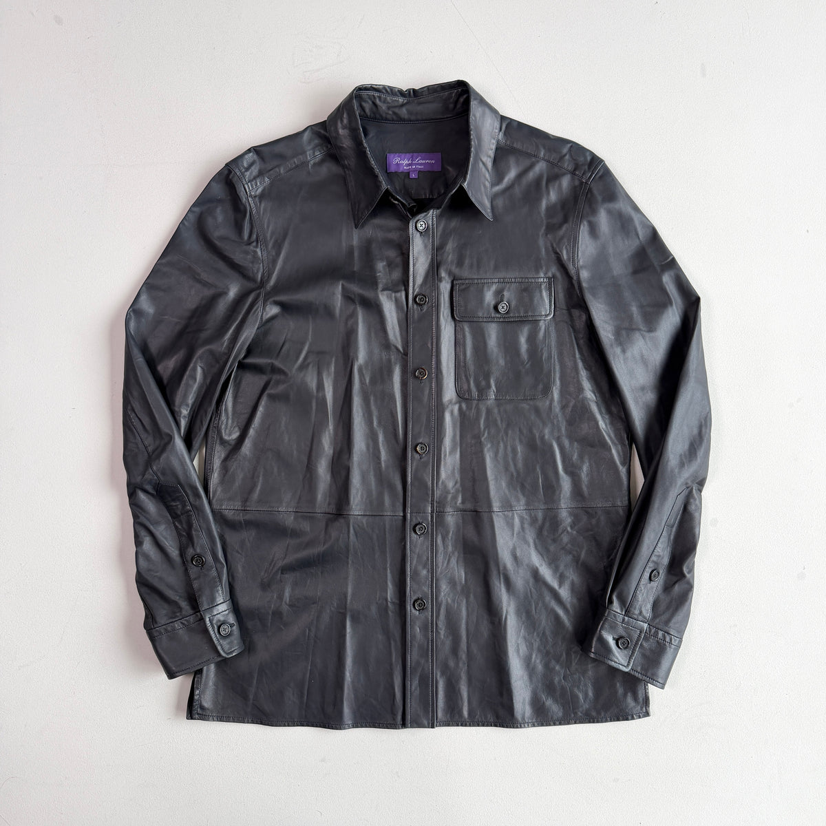 Ralph Lauren Purple Label (L) Skived Lamb Leather Midnight Blue Overshirt
