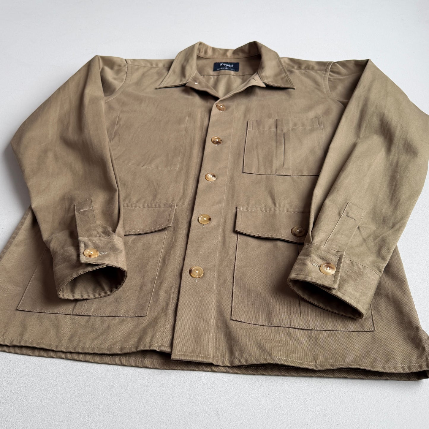 Drake's London (M) Olive/Khaki Twill Cotton Iridescent Over Shirt