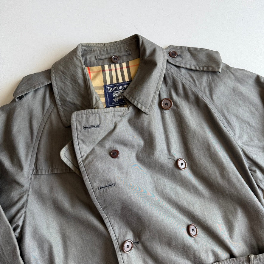VNTG Burberry (44L) 100% Cotton Gabardine Double Breast Gray Trench Coat