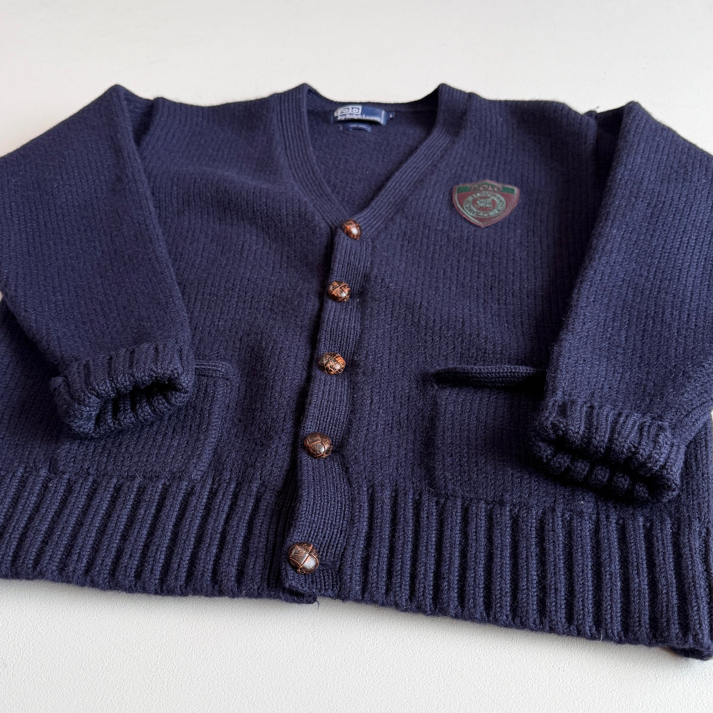 VNTG Polo Ralph Lauren (L) 100% Wool Crest/Shield Navy Blue Cardigan Sweater