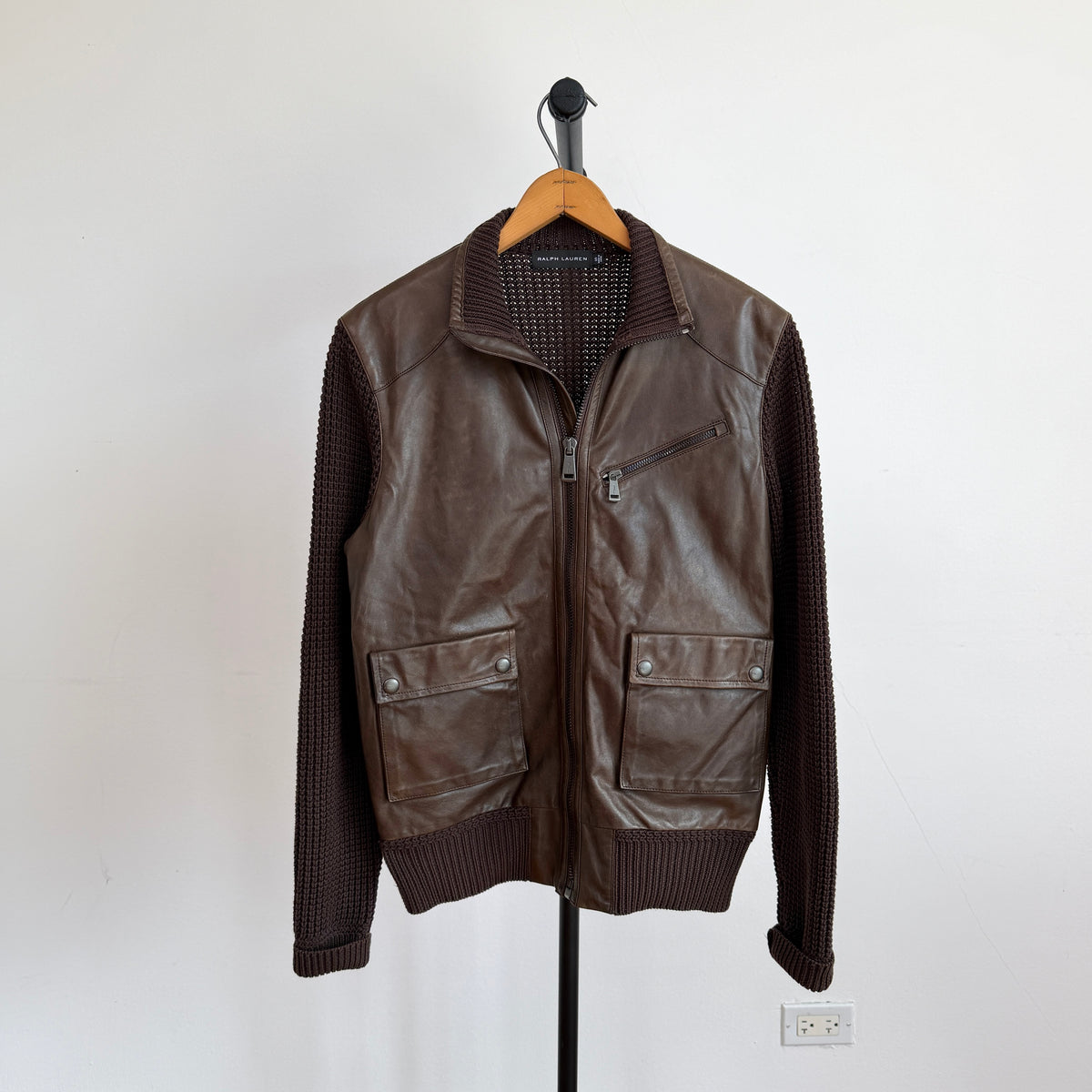 Ralph Lauren Black Label (S) Leather Front Cotton Knit Brown Cardigan Sweater