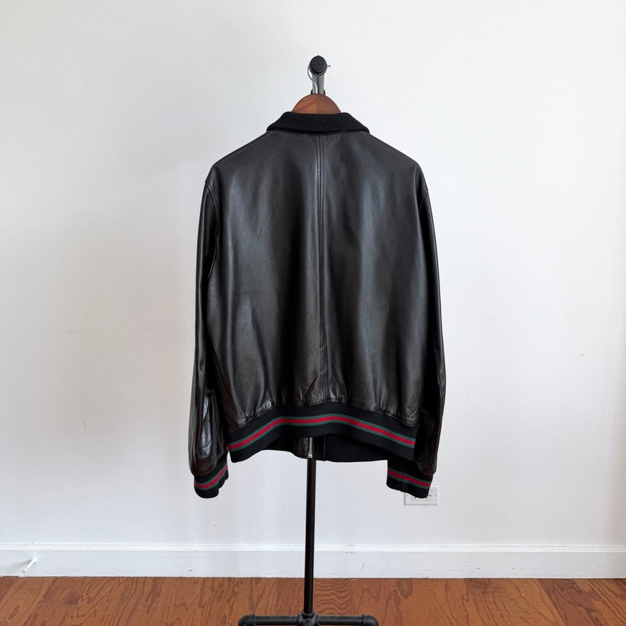 Gucci (58IT /2XL) Black Leather Bomber Style Green/Red Accent Jacket