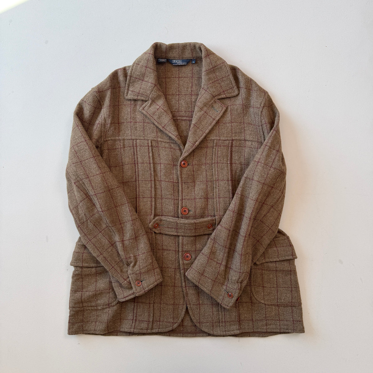 VNTG Polo Ralph Lauren (L) Wool Tweed Olive Windowpane Norfolk Coat Jacket